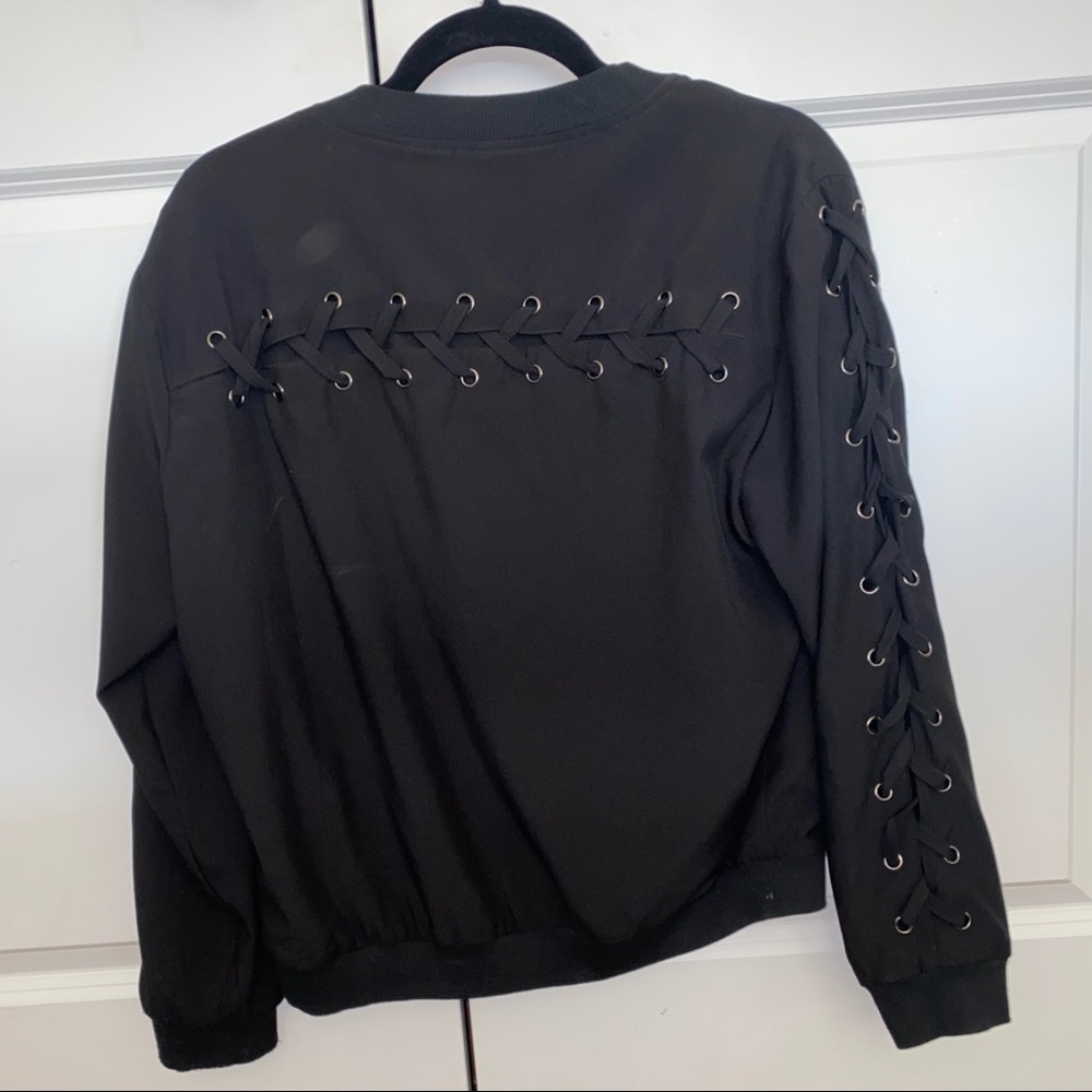 Black Bomber Jacket Lace Up Sleeves sz S/M - Picture 4 of 6